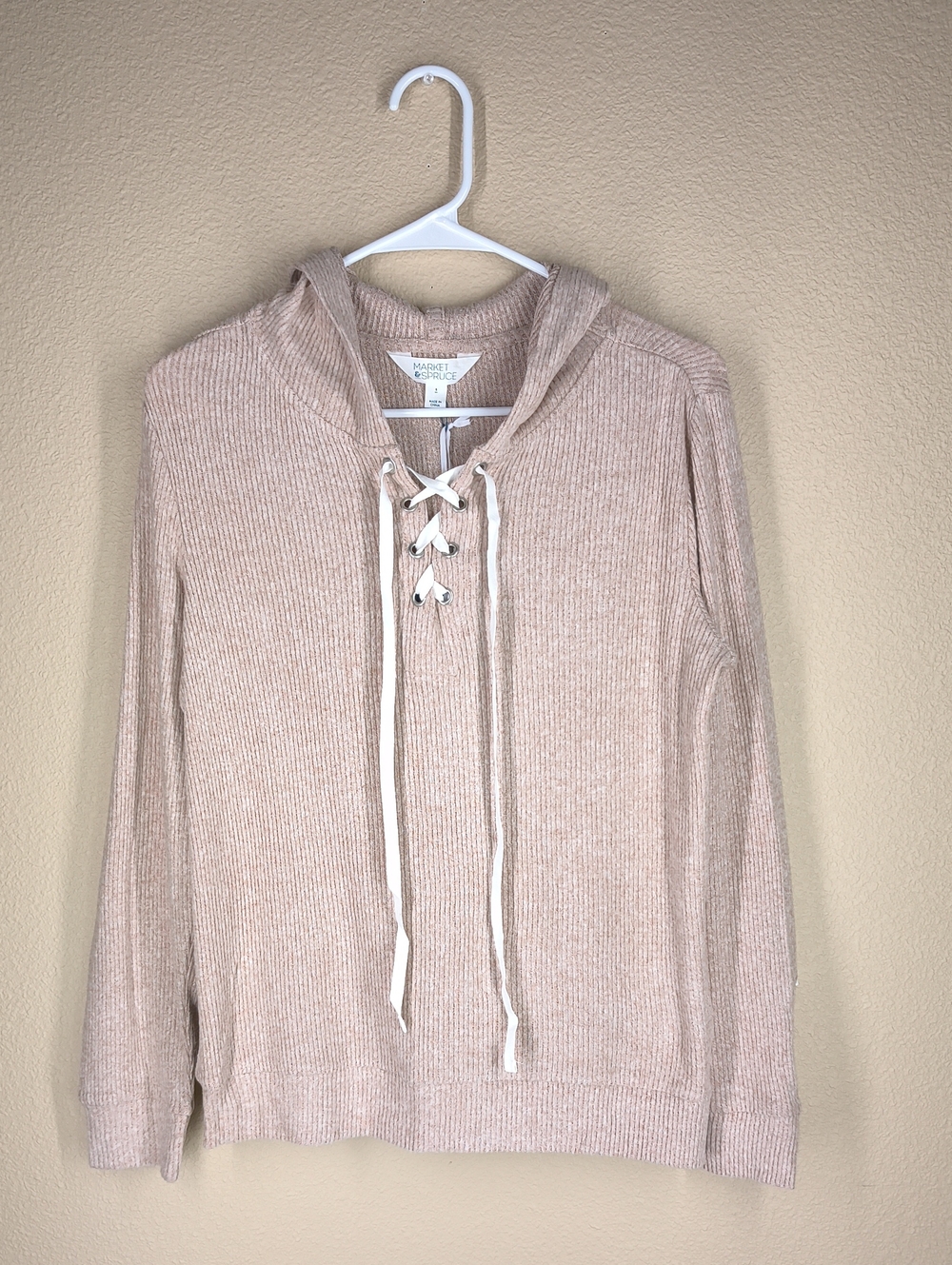 Market & Spruce Light Beige Lace-Up Hooded Knit Top NWT Size Small Loose Fit